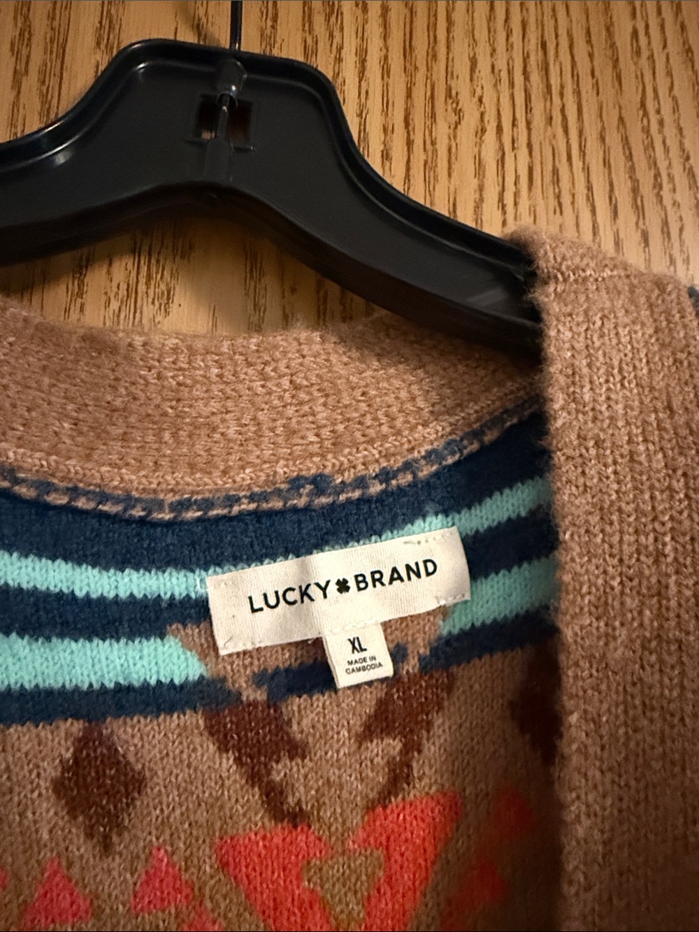Lucky Brand Camel Cardigan with Navy & Coral Aztec Pattern - Picture 2 of 4